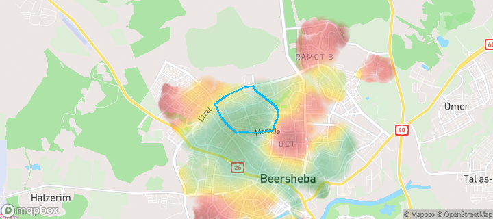 מפת חום של מחירי הנדל"ן בשכונת שכונה ו, באר שבע — אזורים יקרים בגווני חם, אזורים זולים בגווני קר