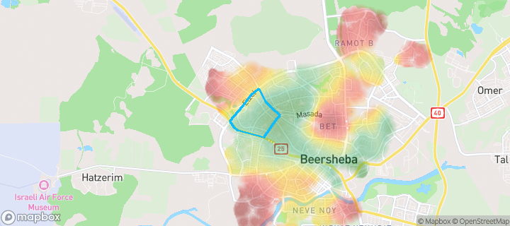 מפת חום של מחירי הנדל"ן בשכונת שכונה י"א, באר שבע — אזורים יקרים בגווני חם, אזורים זולים בגווני קר