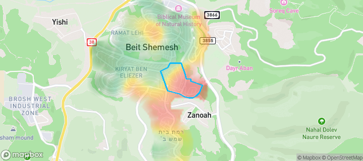 מפת חום של מחירי הנדל"ן בשכונת בית ומנוחה, בית שמש — אזורים יקרים בגווני חם, אזורים זולים בגווני קר
