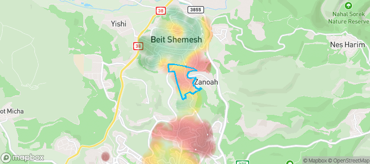 מפת חום של מחירי הנדל"ן בשכונת קרית הרמ"א, בית שמש — אזורים יקרים בגווני חם, אזורים זולים בגווני קר