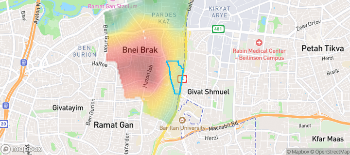 מפת חום של מחירי הנדל"ן בשכונת גיורא, בני ברק — אזורים יקרים בגווני חם, אזורים זולים בגווני קר