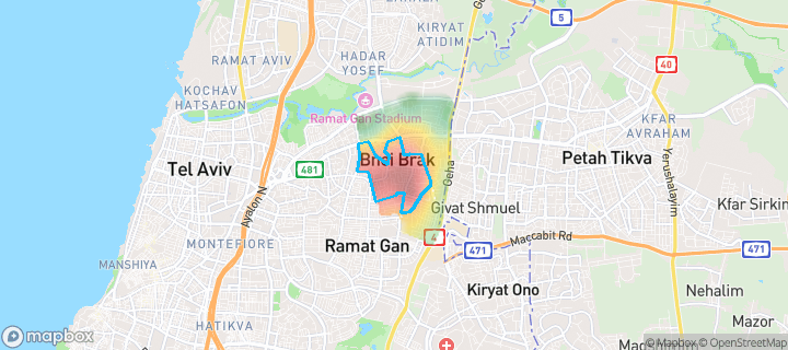 מפת חום של מחירי הנדל"ן בשכונת הר שלום, בני ברק — אזורים יקרים בגווני חם, אזורים זולים בגווני קר