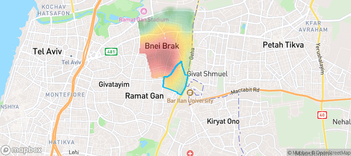 מפת חום של מחירי הנדל"ן בשכונת השחר, בני ברק — אזורים יקרים בגווני חם, אזורים זולים בגווני קר