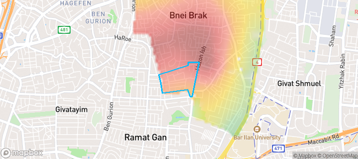 מפת חום של מחירי הנדל"ן בשכונת מרום נווה, בני ברק — אזורים יקרים בגווני חם, אזורים זולים בגווני קר