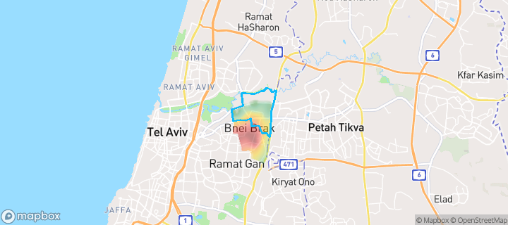 מפת חום של מחירי הנדל"ן בשכונת פרדס כץ, בני ברק — אזורים יקרים בגווני חם, אזורים זולים בגווני קר