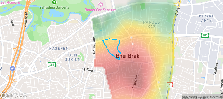 מפת חום של מחירי הנדל"ן בשכונת תל גיבורים, בני ברק — אזורים יקרים בגווני חם, אזורים זולים בגווני קר