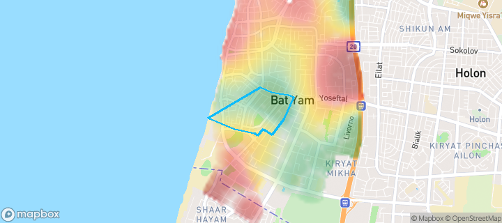 מפת חום של מחירי הנדל"ן בשכונת דרום מערב, בת ים — אזורים יקרים בגווני חם, אזורים זולים בגווני קר