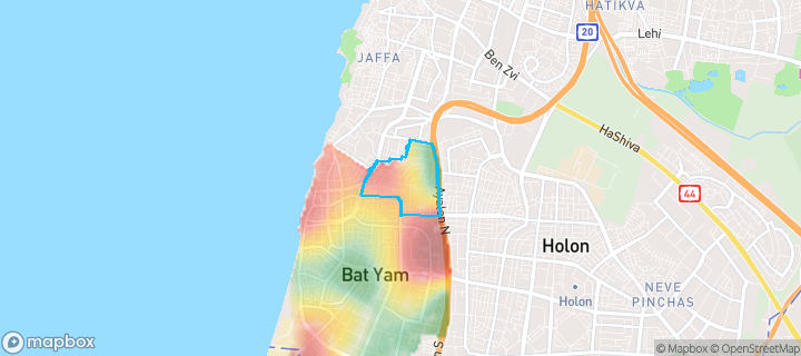 מפת חום של מחירי הנדל"ן בשכונת עמידר, בת ים — אזורים יקרים בגווני חם, אזורים זולים בגווני קר