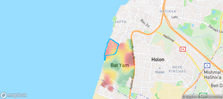מפת חום של מחירי הנדל"ן בשכונת צפון מערב 1, בת ים — אזורים יקרים בגווני חם, אזורים זולים בגווני קר