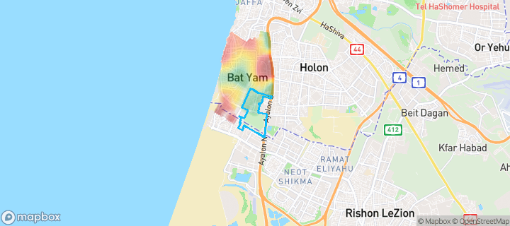 מפת חום של מחירי הנדל"ן בשכונת קריית באבוב, בת ים — אזורים יקרים בגווני חם, אזורים זולים בגווני קר