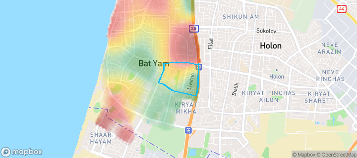 מפת חום של מחירי הנדל"ן בשכונת רמת הנשיא, בת ים — אזורים יקרים בגווני חם, אזורים זולים בגווני קר