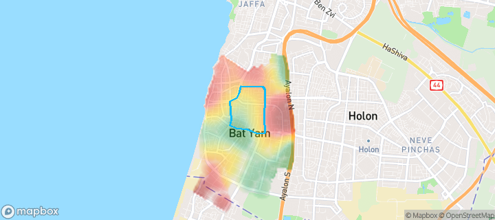 מפת חום של מחירי הנדל"ן בשכונת שיכון ותיקים, בת ים — אזורים יקרים בגווני חם, אזורים זולים בגווני קר