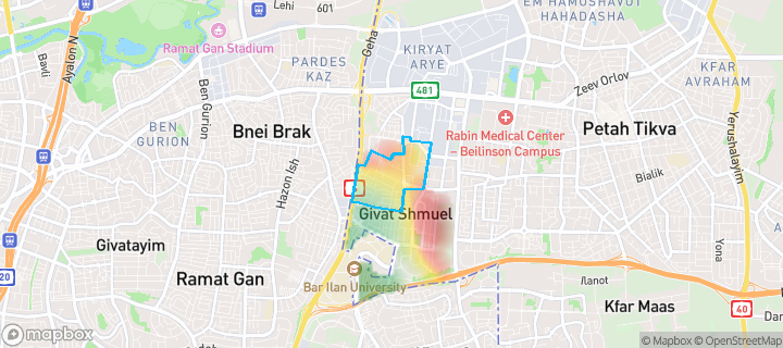 מפת חום של מחירי הנדל"ן בשכונת גיורא, גבעת שמואל — אזורים יקרים בגווני חם, אזורים זולים בגווני קר