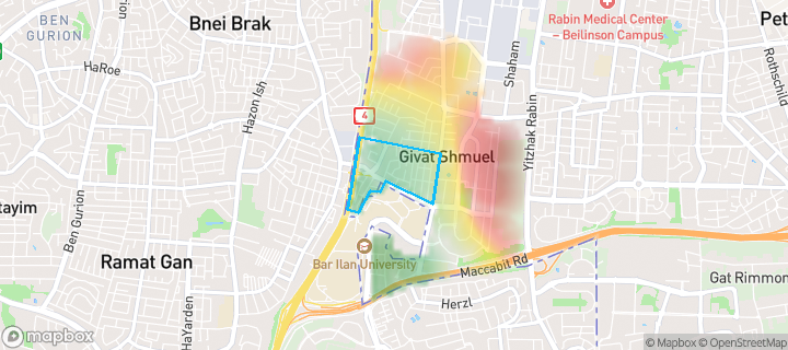 מפת חום של מחירי הנדל"ן בשכונת השחר, גבעת שמואל — אזורים יקרים בגווני חם, אזורים זולים בגווני קר