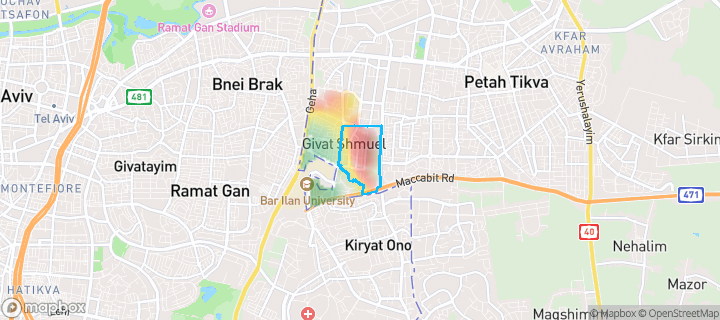 מפת חום של מחירי הנדל"ן בשכונת רמת הדר, גבעת שמואל — אזורים יקרים בגווני חם, אזורים זולים בגווני קר