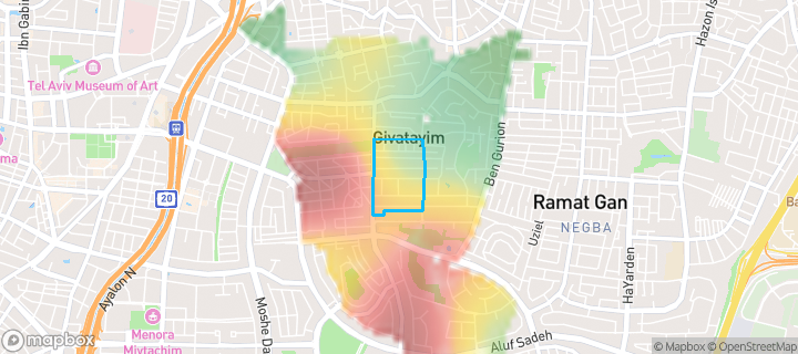 מפת חום של מחירי הנדל"ן בשכונת ארלוזורוב, גבעתיים — אזורים יקרים בגווני חם, אזורים זולים בגווני קר
