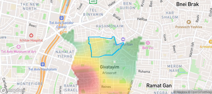 מפת חום של מחירי הנדל"ן בשכונת בורוכוב, גבעתיים — אזורים יקרים בגווני חם, אזורים זולים בגווני קר