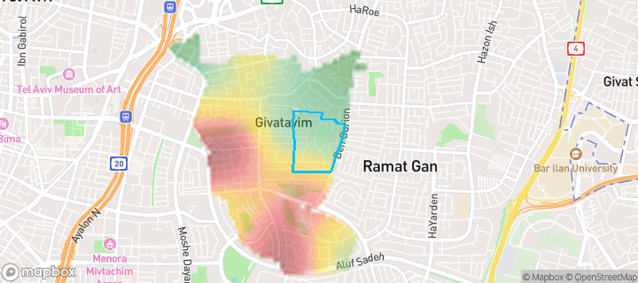 מפת חום של מחירי הנדל"ן בשכונת גבעת קוזלובסקי, גבעתיים — אזורים יקרים בגווני חם, אזורים זולים בגווני קר