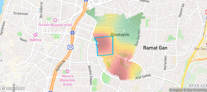 מפת חום של מחירי הנדל"ן בשכונת גבעת רמב"ם, גבעתיים — אזורים יקרים בגווני חם, אזורים זולים בגווני קר