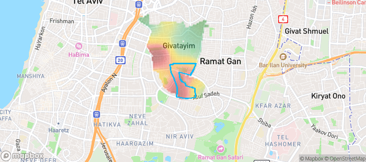 מפת חום של מחירי הנדל"ן בשכונת דרום גבעתיים, גבעתיים — אזורים יקרים בגווני חם, אזורים זולים בגווני קר