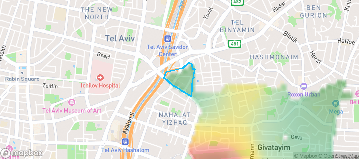 מפת חום של מחירי הנדל"ן בשכונת נחלת יצחק, גבעתיים — אזורים יקרים בגווני חם, אזורים זולים בגווני קר