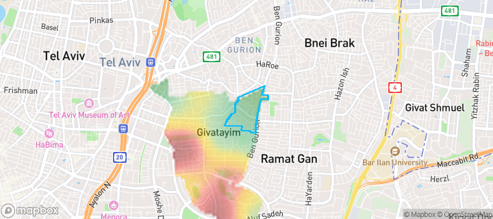 מפת חום של מחירי הנדל"ן בשכונת פועלי הרכבת, גבעתיים — אזורים יקרים בגווני חם, אזורים זולים בגווני קר
