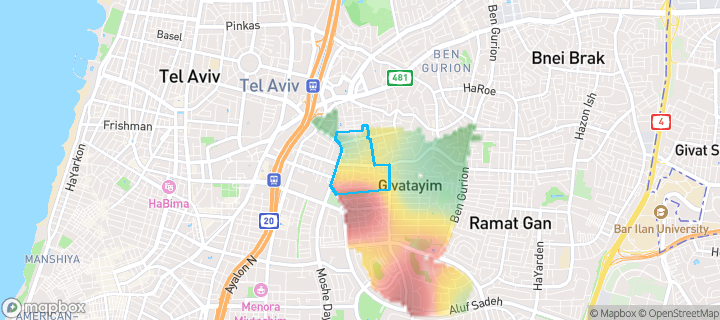 מפת חום של מחירי הנדל"ן בשכונת קרית יוסף, גבעתיים — אזורים יקרים בגווני חם, אזורים זולים בגווני קר