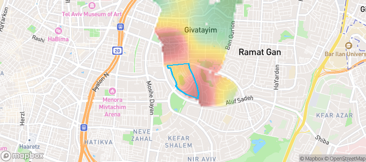 מפת חום של מחירי הנדל"ן בשכונת שיכון חברת חשמל, גבעתיים — אזורים יקרים בגווני חם, אזורים זולים בגווני קר