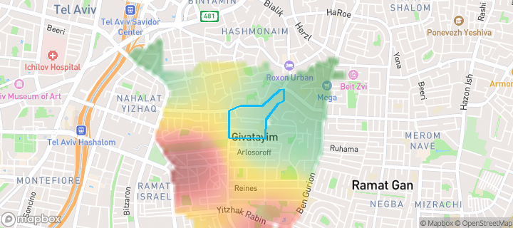 מפת חום של מחירי הנדל"ן בשכונת שנקין, גבעתיים — אזורים יקרים בגווני חם, אזורים זולים בגווני קר