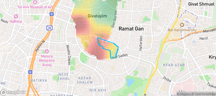 מפת חום של מחירי הנדל"ן בשכונת תל גנים, גבעתיים — אזורים יקרים בגווני חם, אזורים זולים בגווני קר