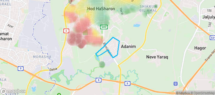 מפת חום של מחירי הנדל"ן בשכונת נווה נאמן, הוד השרון — אזורים יקרים בגווני חם, אזורים זולים בגווני קר