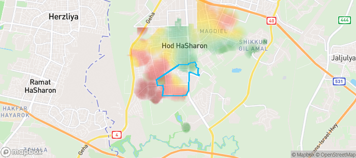 מפת חום של מחירי הנדל"ן בשכונת רמות מנחם, הוד השרון — אזורים יקרים בגווני חם, אזורים זולים בגווני קר