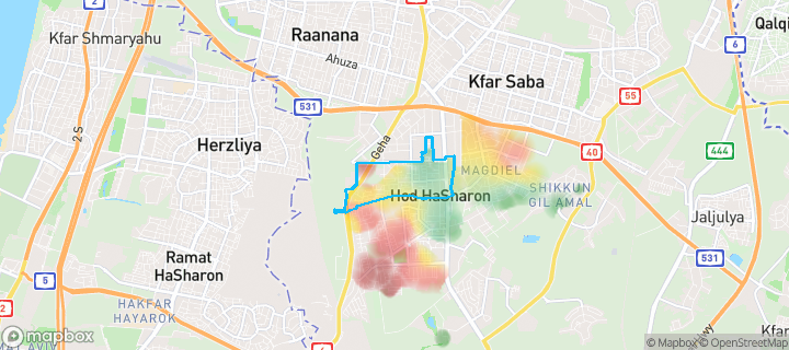 מפת חום של מחירי הנדל"ן בשכונת רמתיים, הוד השרון — אזורים יקרים בגווני חם, אזורים זולים בגווני קר