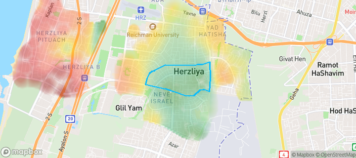 מפת חום של מחירי הנדל"ן בשכונת אביבי הרצליה, הרצליה — אזורים יקרים בגווני חם, אזורים זולים בגווני קר