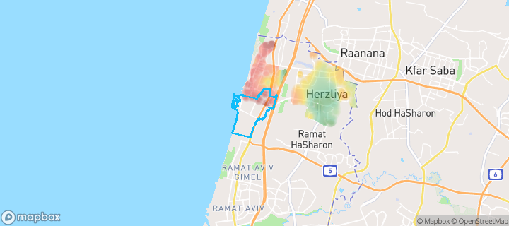 מפת חום של מחירי הנדל"ן בשכונת הרצליה ב', הרצליה — אזורים יקרים בגווני חם, אזורים זולים בגווני קר