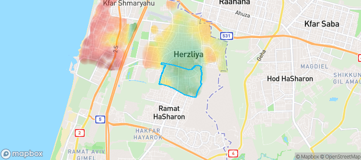 מפת חום של מחירי הנדל"ן בשכונת הרצליה הצעירה, הרצליה — אזורים יקרים בגווני חם, אזורים זולים בגווני קר