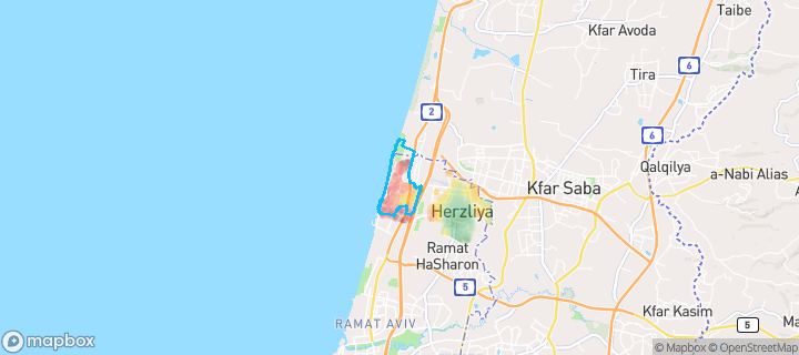 מפת חום של מחירי הנדל"ן בשכונת הרצליה פיתוח, הרצליה — אזורים יקרים בגווני חם, אזורים זולים בגווני קר