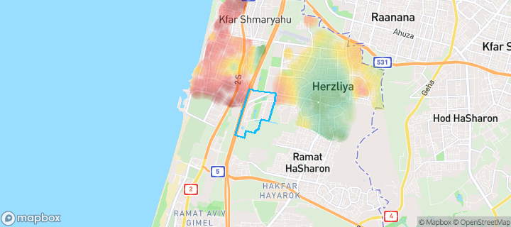 מפת חום של מחירי הנדל"ן בשכונת הרצליה- גליל ים, הרצליה — אזורים יקרים בגווני חם, אזורים זולים בגווני קר