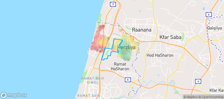 מפת חום של מחירי הנדל"ן בשכונת ויצמן, הרצליה — אזורים יקרים בגווני חם, אזורים זולים בגווני קר