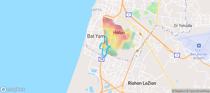 מפת חום של מחירי הנדל"ן בשכונת ג'סי כהן, חולון — אזורים יקרים בגווני חם, אזורים זולים בגווני קר