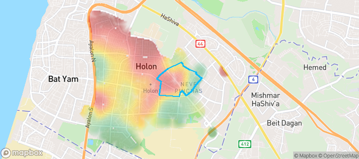 מפת חום של מחירי הנדל"ן בשכונת נאות יהודית, חולון — אזורים יקרים בגווני חם, אזורים זולים בגווני קר