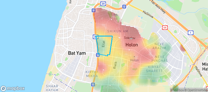 מפת חום של מחירי הנדל"ן בשכונת נאות רחל, חולון — אזורים יקרים בגווני חם, אזורים זולים בגווני קר