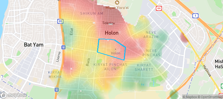 מפת חום של מחירי הנדל"ן בשכונת נאות שושנים, חולון — אזורים יקרים בגווני חם, אזורים זולים בגווני קר