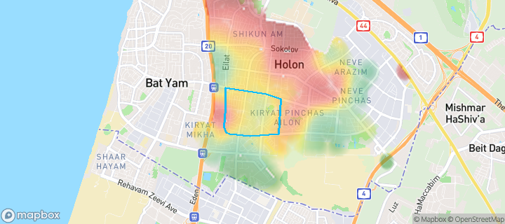 מפת חום של מחירי הנדל"ן בשכונת נווה רמז, חולון — אזורים יקרים בגווני חם, אזורים זולים בגווני קר