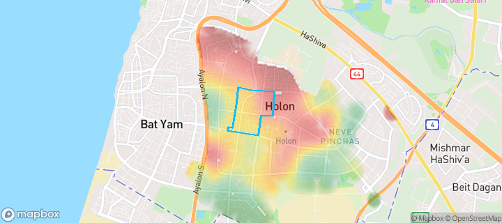 מפת חום של מחירי הנדל"ן בשכונת קריית עבודה, חולון — אזורים יקרים בגווני חם, אזורים זולים בגווני קר