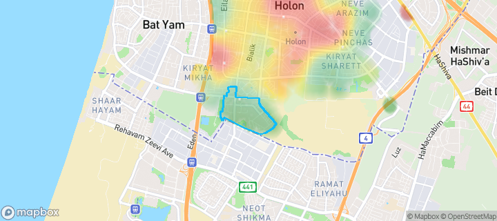 מפת חום של מחירי הנדל"ן בשכונת קרית בן גוריון, חולון — אזורים יקרים בגווני חם, אזורים זולים בגווני קר