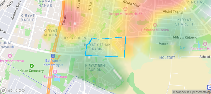 מפת חום של מחירי הנדל"ן בשכונת קרית יצחק רבין, חולון — אזורים יקרים בגווני חם, אזורים זולים בגווני קר