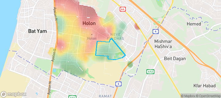 מפת חום של מחירי הנדל"ן בשכונת קרית שרת, חולון — אזורים יקרים בגווני חם, אזורים זולים בגווני קר