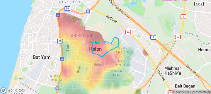 מפת חום של מחירי הנדל"ן בשכונת רסקו ג', חולון — אזורים יקרים בגווני חם, אזורים זולים בגווני קר