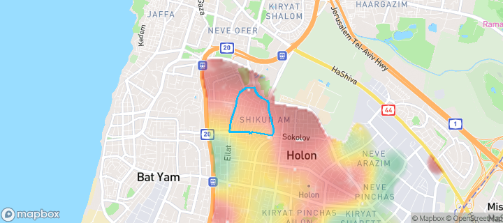 מפת חום של מחירי הנדל"ן בשכונת שכונת עם, חולון — אזורים יקרים בגווני חם, אזורים זולים בגווני קר